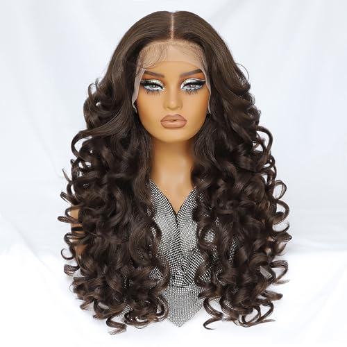 Felek Chocolate Brown Lace Front Wig Synthetic 13x6 Loose Wave HD Transparent Lace Frontal Wigs Pre Plucked Wear and Go Glueless Wigs for Black and White Women 24 inch Long Curly Wig - Image 1