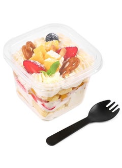Disposable Dessert Cups,12 oz Square Clear Plastic Cups with Lids and Spoons, Fruit Cake Containers for Oatmeal Yogurt Parfait Mousse Ice Cream Strawberry Shortcake 50 Pcs
