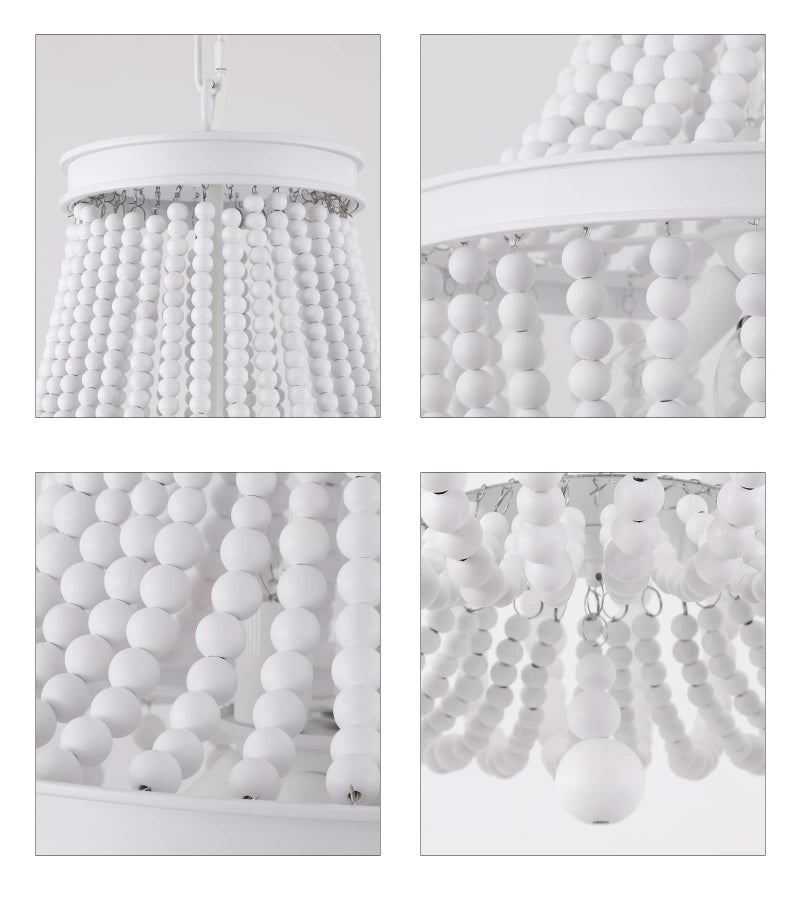 QS Q&S Beaded Chandelier Farmhouse White Wood Beaded Boho Light Fixture Vintage Antique 8 Lights for Dining Room Nursery Kitchen Foyer Bedroom Living Room UL Listed - Image 5