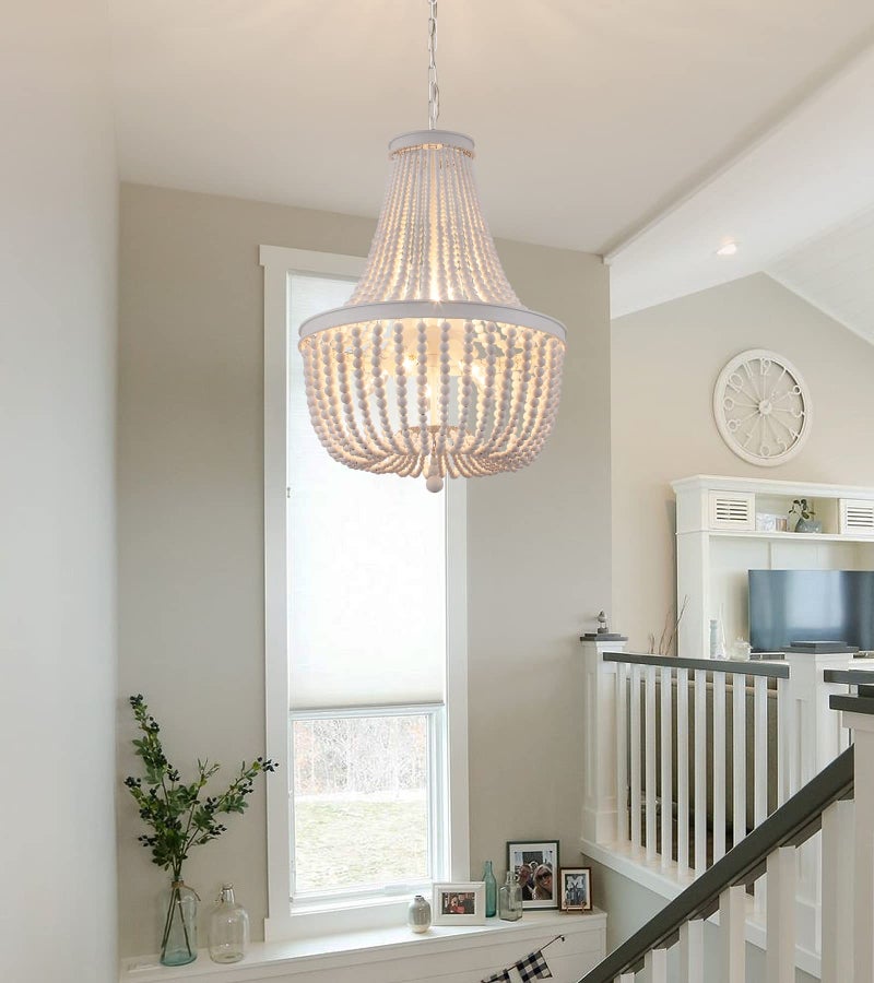QS Q&S Beaded Chandelier Farmhouse White Wood Beaded Boho Light Fixture Vintage Antique 8 Lights for Dining Room Nursery Kitchen Foyer Bedroom Living Room UL Listed - Image 3