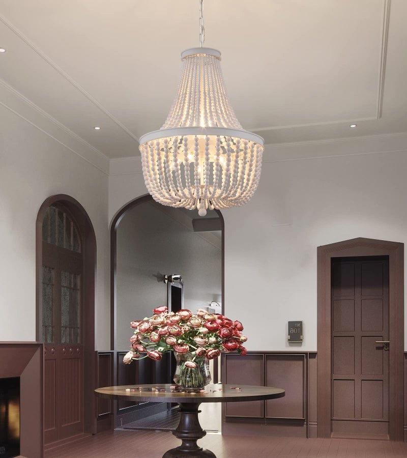 QS Q&S Beaded Chandelier Farmhouse White Wood Beaded Boho Light Fixture Vintage Antique 8 Lights for Dining Room Nursery Kitchen Foyer Bedroom Living Room UL Listed - Image 4