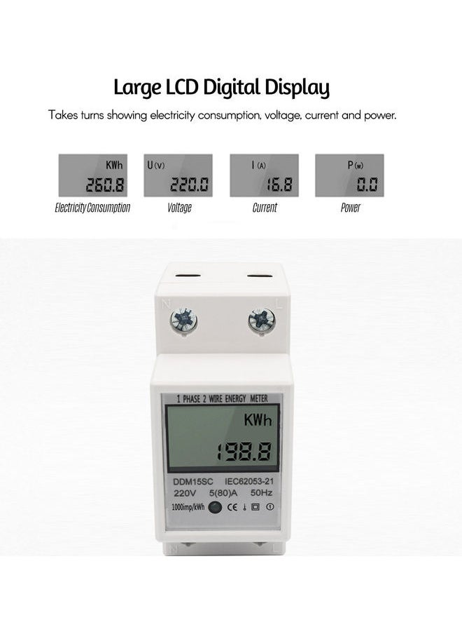 مقياس استهلاك الطاقة مزود بسكة تثبيت القواطع وشاشة LCD رقمية وتيار أحادي الطور ويعمل بتيار 5-80 أمبير وجهد 220 فولت وتردد 50 هرتز طراز DDM15SC أبيض 8.0x7.0x4.0سم