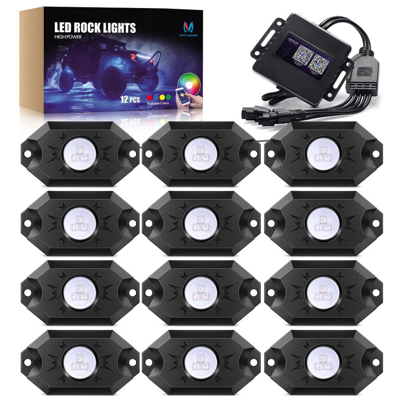 MICTUNING 2025 Upgraded CM RGB Rock Lights Kits 12 Pods Multicolor Neon Light Waterproof Underglow Lighting Kit with APP Control Flashing Music Mode