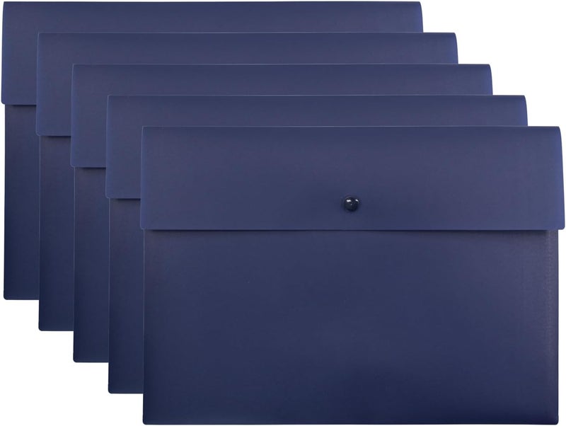 VANRA Poly File Folder Pockets File Jacket Plastic Envelope Flat Document Letter Organizer with Snap Button Closure A4 Letter Size (Pack of 5, Navy Blue) - Image 1