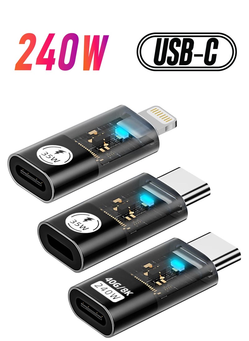 SYOSI - 35W/480Mbps USB-C Male to Lightning Female Adapter, 240W/40Gbps USB Type C Male to Female Extender, 35W/480Mbps USB C Female to Lightning Male Converter (3 Pack, Transparent Black) - Image 1