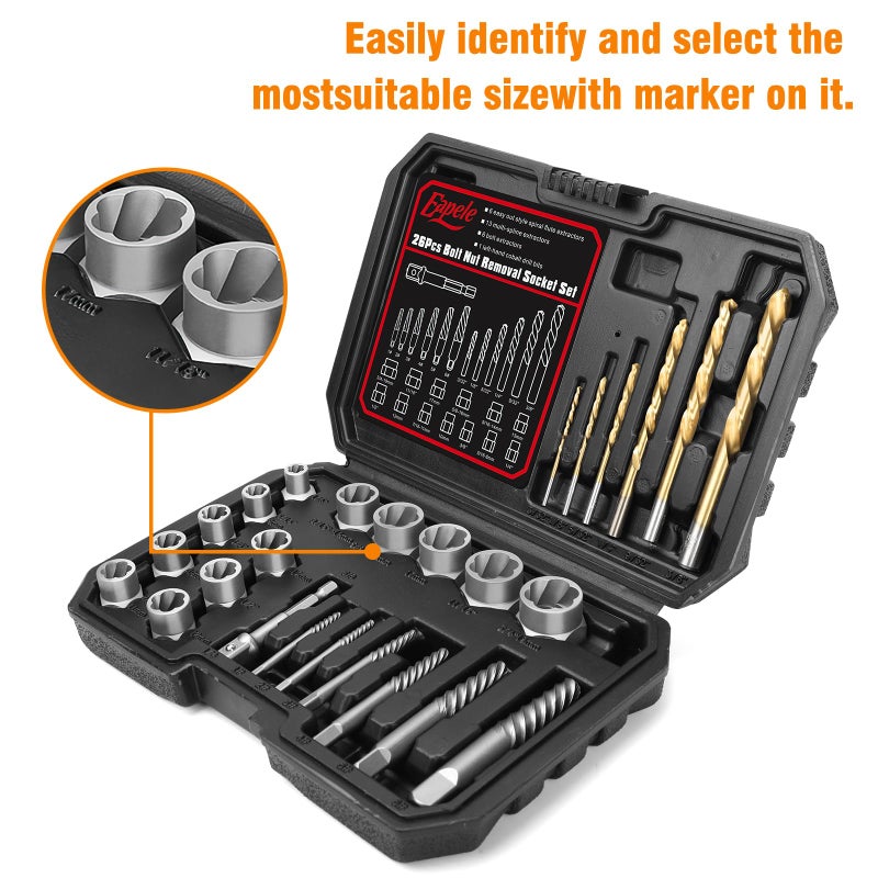 Eapele Bolt Extractor Set, Stripped Nut Remover Twist Sockets, Fit 3/8" Square Drive with Solid Storage Case(26pcs, Black) - Image 5