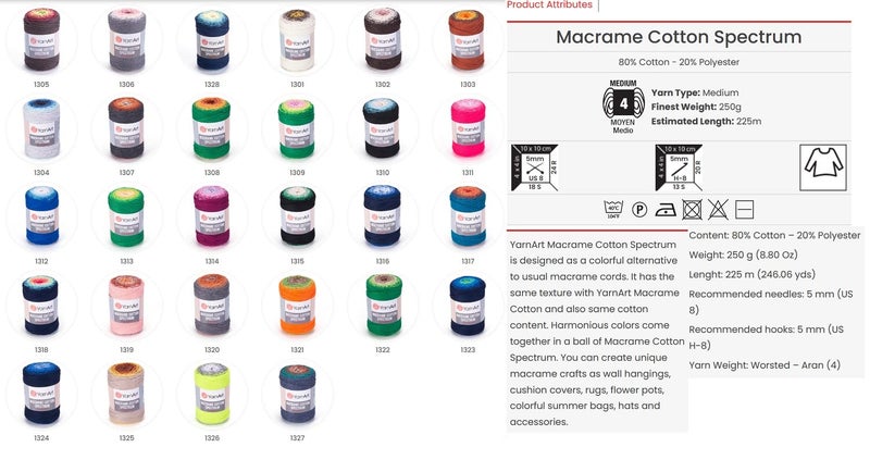 YarnArt خيط فن المكرمية قطن طيف خيط المكرمية 8.80 أونصة، 246.06 ياردة 80% قطن حبل المكرمية متعدد الألوان، خيط مكرمية ملون وزن متوسط - أران(4) (1316) - Image 3
