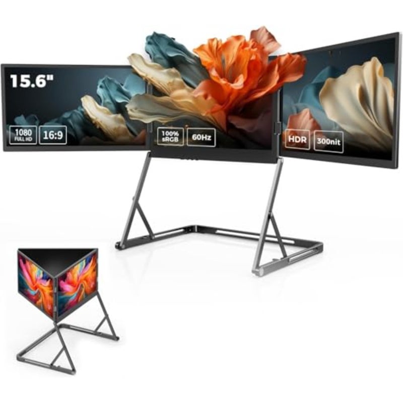شاشة كمبيوتر محمول رباعية ثلاثية مقاس 15.6 بوصة FHD 1080P IPS شاشة محمولة مع HDR، دوران 180 درجة، التوصيل والتشغيل، متوافقة مع Windows/macOS M1/M2/M3 - Image 1