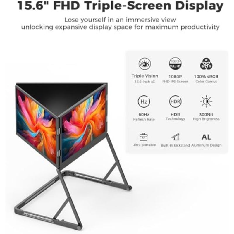 شاشة كمبيوتر محمول رباعية ثلاثية مقاس 15.6 بوصة FHD 1080P IPS شاشة محمولة مع HDR، دوران 180 درجة، التوصيل والتشغيل، متوافقة مع Windows/macOS M1/M2/M3 - Image 2