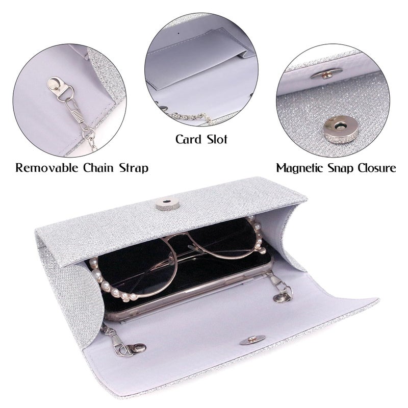 Naimo Flap Dazzling Small Clutch Bag Evening Bag With Detachable Chain (Silver) - Image 3