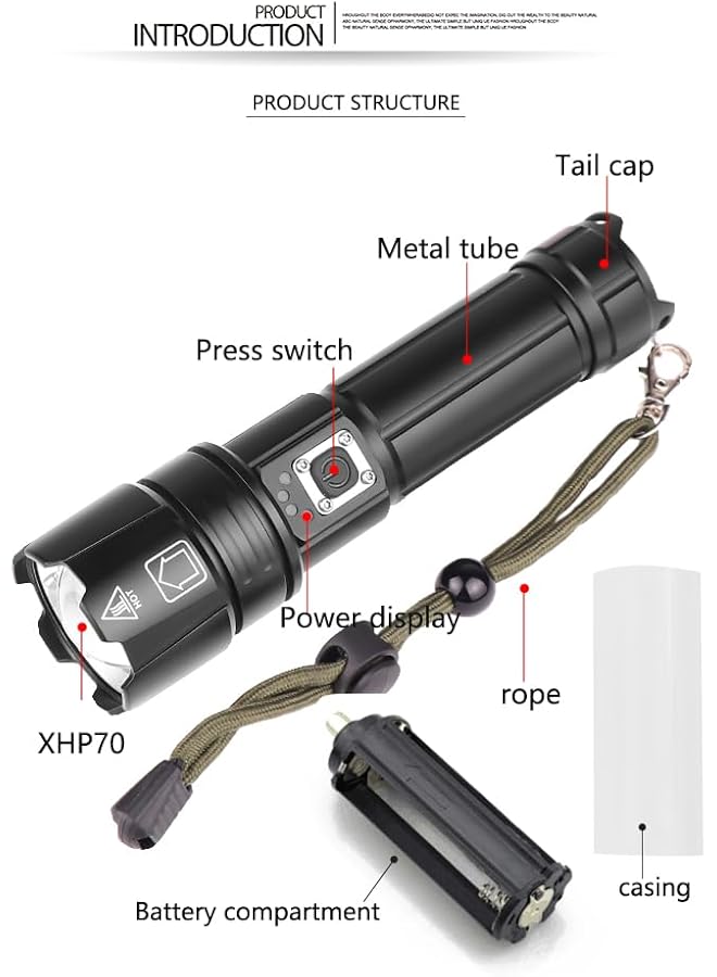 promass Rechargeable LED Flashlights, 10000 lumens XHP70.2 Super Bright Tactical Torch Light, IPX4 Waterproof & Zoomable Light for Camping, Hiking and Emergencies - Image 4