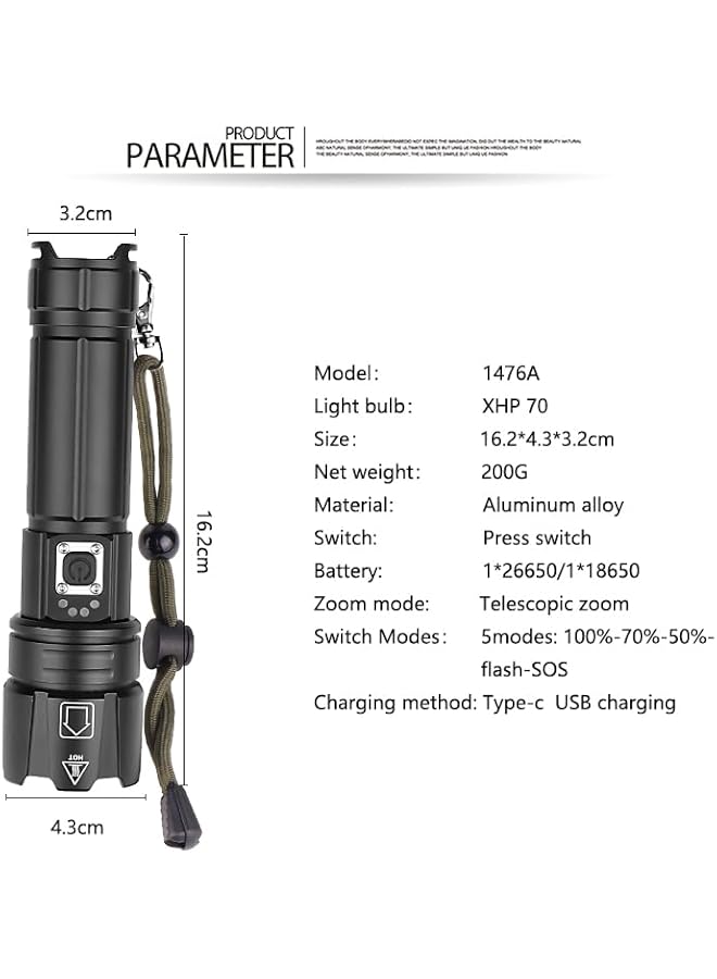 promass Rechargeable LED Flashlights, 10000 lumens XHP70.2 Super Bright Tactical Torch Light, IPX4 Waterproof & Zoomable Light for Camping, Hiking and Emergencies - Image 3