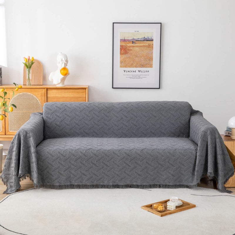 LHGOGO Throws for Sofas Large 2 or 3 Seater Woven Sofa Throw Blanket Reversible Large Throws for Settees Couch Love Seat Double Bed and Armchair with Tassels 180x230cm  Grey