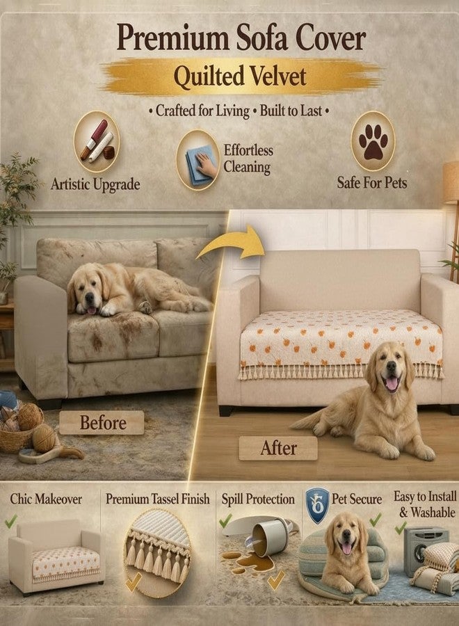 STITCHNEST غطاء حماية أريكة مخملي مبطن مطبوع من ستيتشنست، بثلاثة مقاعد، مزين بشرابات - Image 4