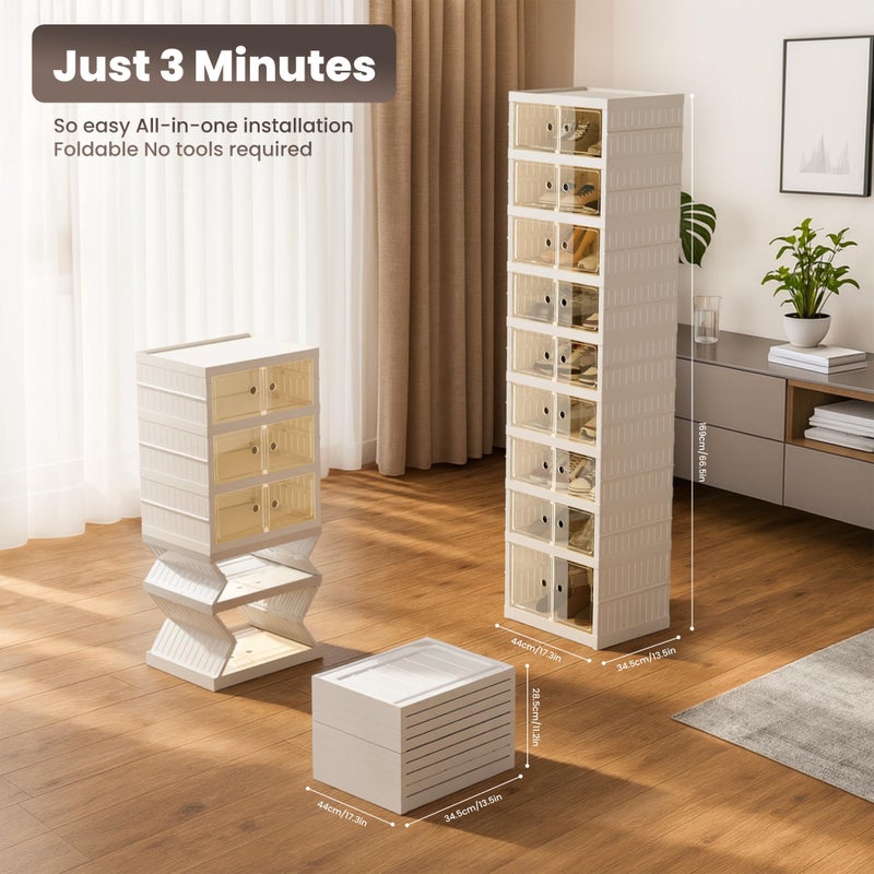 Tykacna Foldable Shoe Organizer Storage Box, Portable Extra Large Folding Shoe Rack for Closet, Shoe Storage Box with Magnetic Transparent Door and Wheels, 9 Layers 18 Grids with 2 Big Grids - Image 2