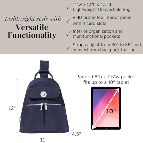 Baggallini Naples Convertible Backpack - Travel Sling Crossbody - 12" Nylon Handbag w/RFID & Padded Tablet Sleeve - Image 4