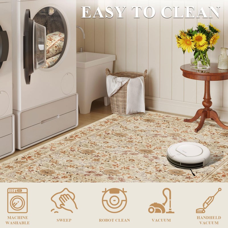 DUKINO 8x10 Area Rugs for Living Room, Vintage Floral Washable Rug with Non Slip Backing, Soft Low Pile & Non-Shedding Large Carpets for Bedroom, Farmhouse, Dining Room, Home Office, Beige - Image 4