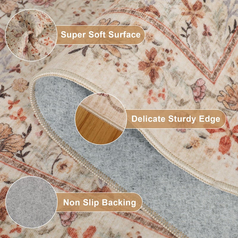 DUKINO 8x10 Area Rugs for Living Room, Vintage Floral Washable Rug with Non Slip Backing, Soft Low Pile & Non-Shedding Large Carpets for Bedroom, Farmhouse, Dining Room, Home Office, Beige - Image 5