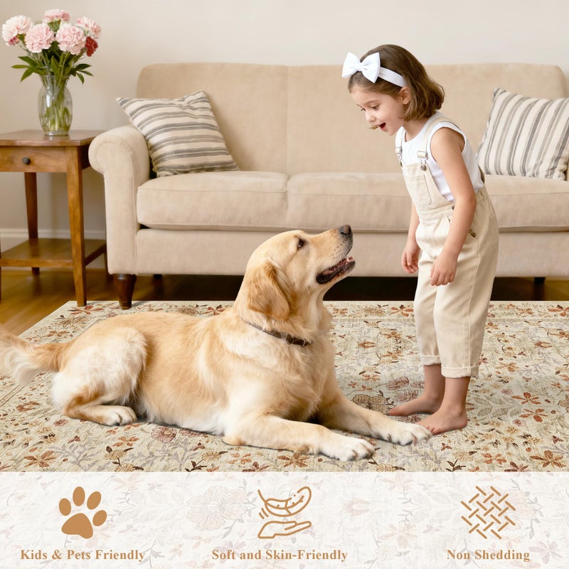 DUKINO 8x10 Area Rugs for Living Room, Vintage Floral Washable Rug with Non Slip Backing, Soft Low Pile & Non-Shedding Large Carpets for Bedroom, Farmhouse, Dining Room, Home Office, Beige - Image 3