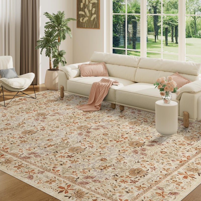 DUKINO 8x10 Area Rugs for Living Room, Vintage Floral Washable Rug with Non Slip Backing, Soft Low Pile & Non-Shedding Large Carpets for Bedroom, Farmhouse, Dining Room, Home Office, Beige - Image 2