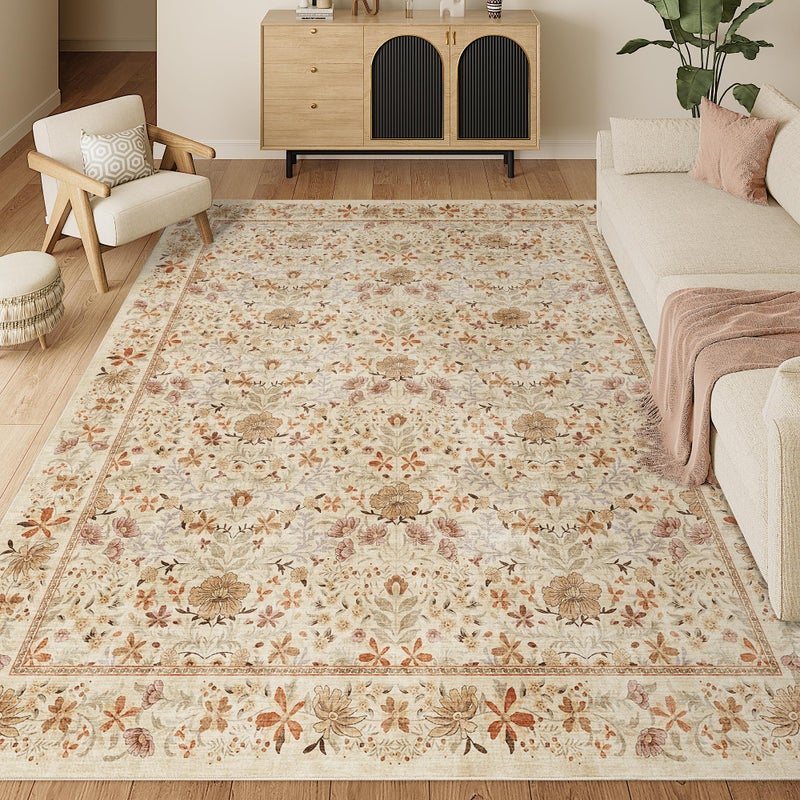DUKINO 8x10 Area Rugs for Living Room, Vintage Floral Washable Rug with Non Slip Backing, Soft Low Pile & Non-Shedding Large Carpets for Bedroom, Farmhouse, Dining Room, Home Office, Beige - Image 1
