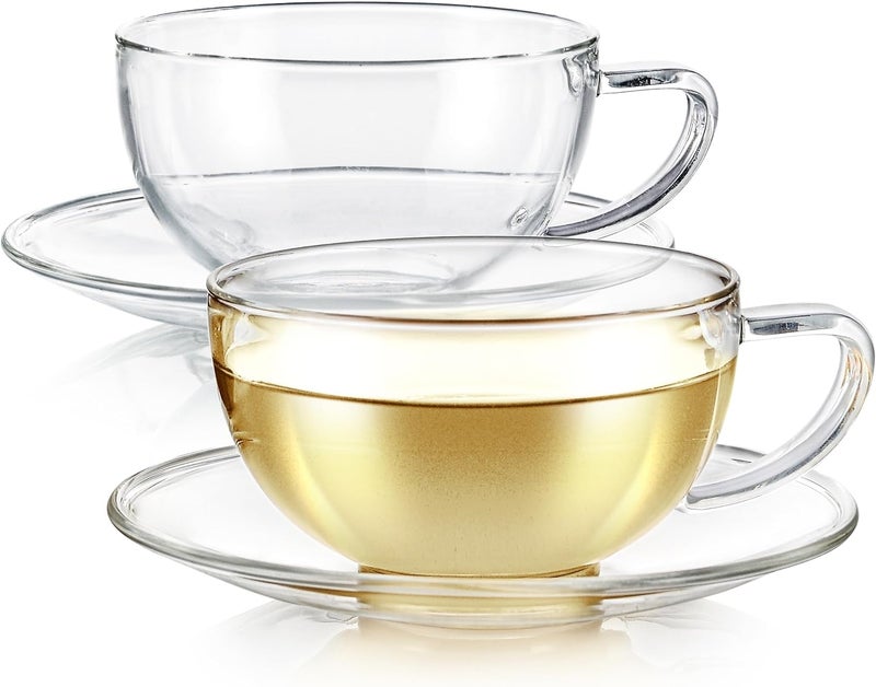 Teabloom Kyoto Teacup and Saucer Set 2Pack  Standard Teacup Size  6 OZ 180 ML Capacity  Crystal Clear Design  Premium Borosilicate Glass  Heat Resistant Microwave Safe - Image 1