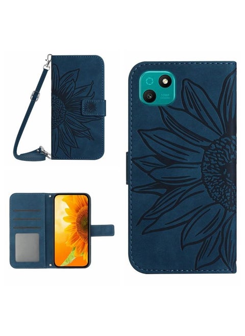 Case Cover For Wiko T10 Skin Feel Sun Flower Pattern Flip Leather Phone Case with Lanyard Inky Blue