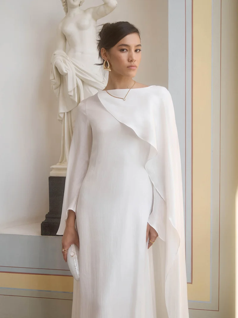 Lichi Textured maxi dress with one shoulder cape