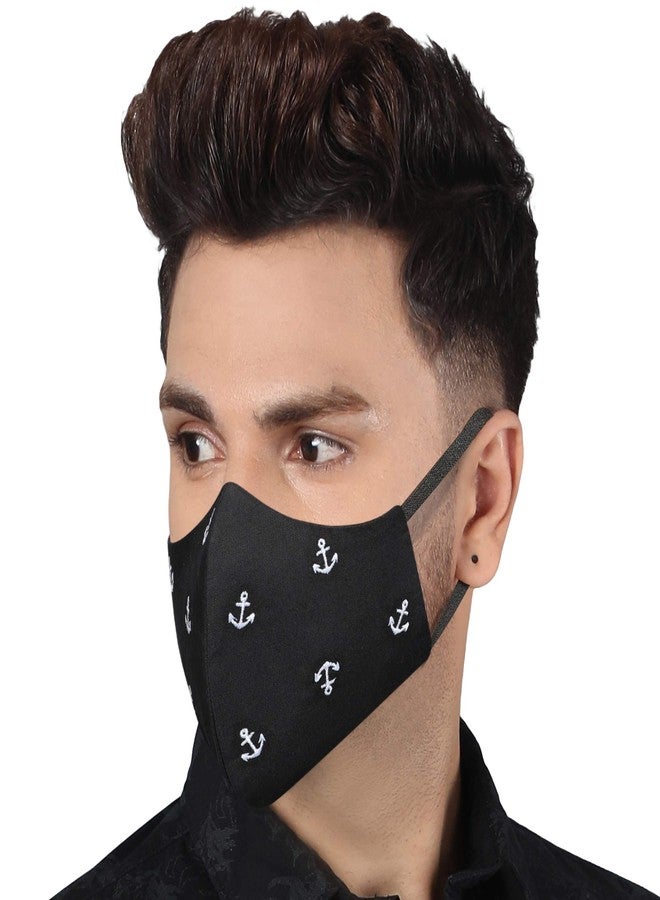 MASQ Anchor 4 Layer, Reusable, Breathable, Anti-Bacterial (BFE>99%) Embroidered 100% Pure Cotton Cloth Face Mask Combo with Ear Adjusters for for Men (Black, Pack of 6) - Image 2