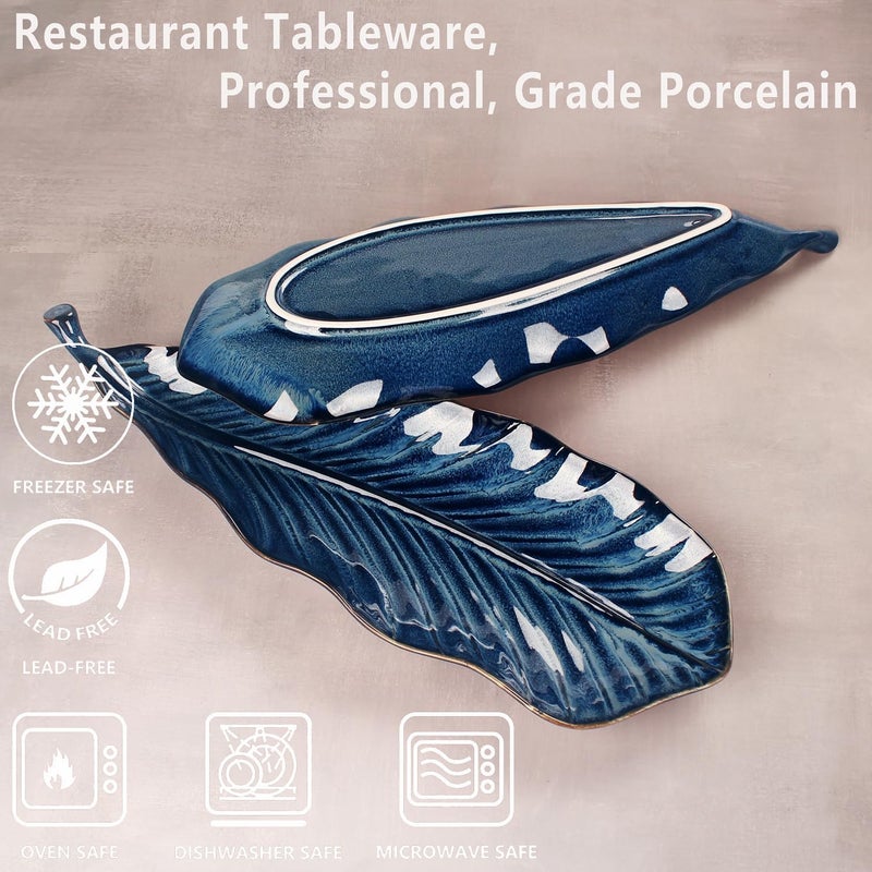 jinsongdafa Serving Platter Olives Plate Set of 2 Large Serving Tray for Entertaining Porcelain Trays and Platters Salad Appetizer TrayDishwasher  Microwave Safe Royal blue 145 Inch - Image 3