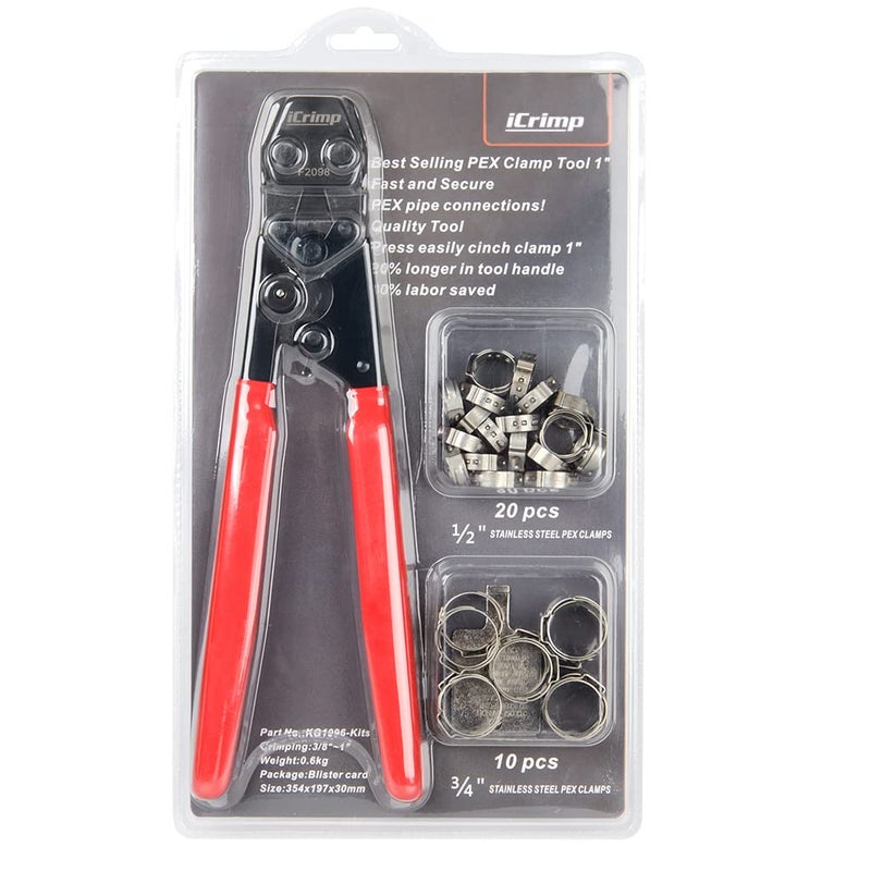 IWISS PEX Cinch Clamp Crimping Tool for Stainless Steel Clamps from 38inch to 1inch with Calibration Gauge 20pcs 12inch and 10 pcs 34inch Clamps Suit ASTM F2098 Standards