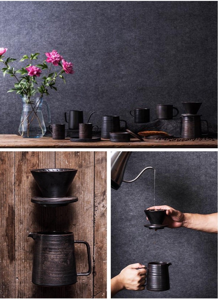 Perfii Vintage 6-Piece Ceramic Coffee Set with 2 Cups, 2 Ceramic Coasters, Porcelain Coffeepot, and Ceramic Filter  - Image 5