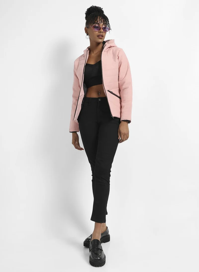 Campus Sutra Women's Light Pink Quilted Puffer Jacket With Zipper Insert Pockets