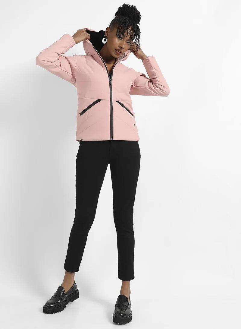 Campus Sutra Women's Light Pink Quilted Puffer Jacket With Zipper Insert Pockets