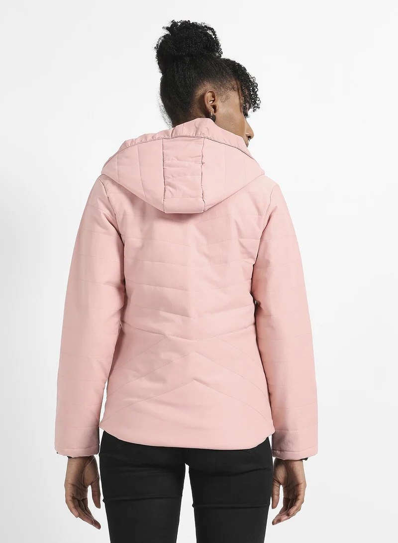 Campus Sutra Women's Light Pink Quilted Puffer Jacket With Zipper Insert Pockets