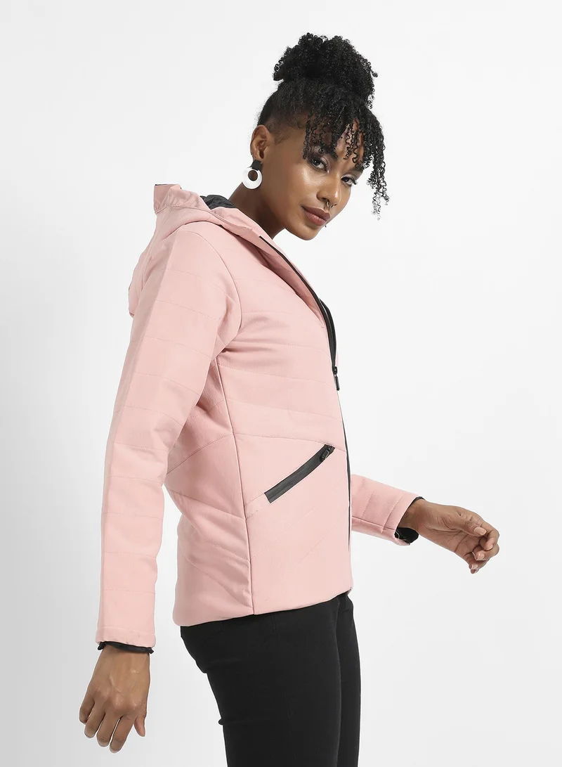 Campus Sutra Women's Light Pink Quilted Puffer Jacket With Zipper Insert Pockets