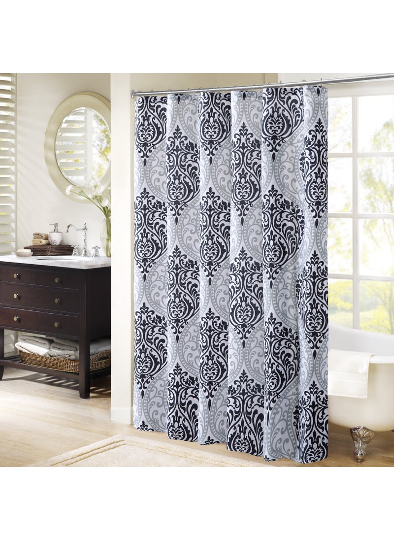 Comfort Spaces Comfort Spaces Coco Bathroom Shower Curtain Printed Damask Pattern Modern Cute Microfiber Fabric Bath Curtains 72x72 Black CS700682 