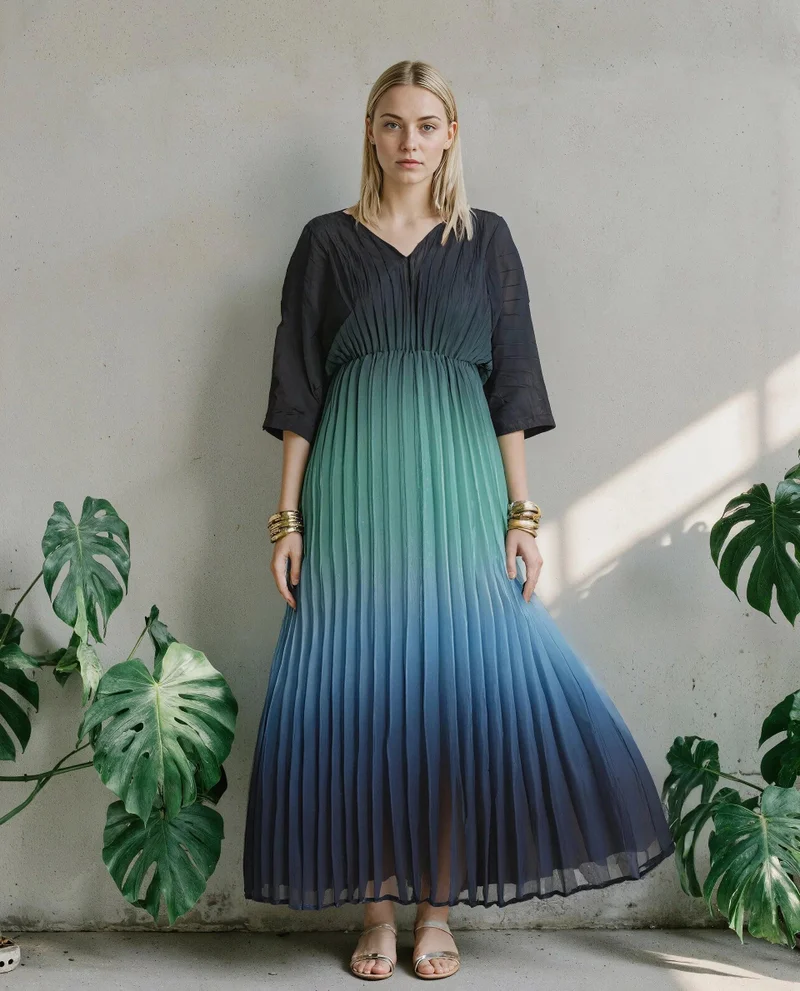 Rareism Women's Ombre Pleated Maxi Dress