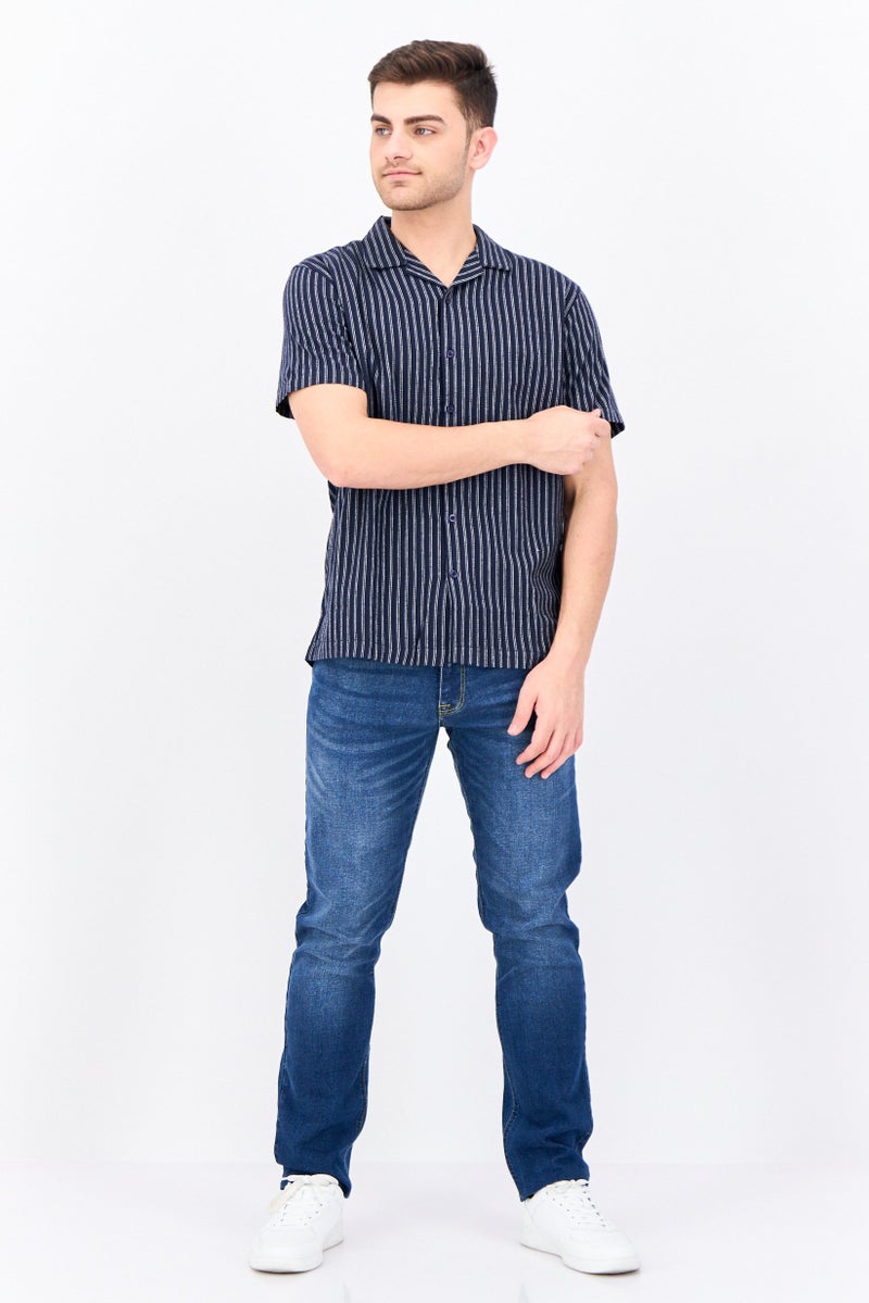 Algspar Men Regular Fit Stripe Short Sleeves Casual Shirt, Navy - Image 4