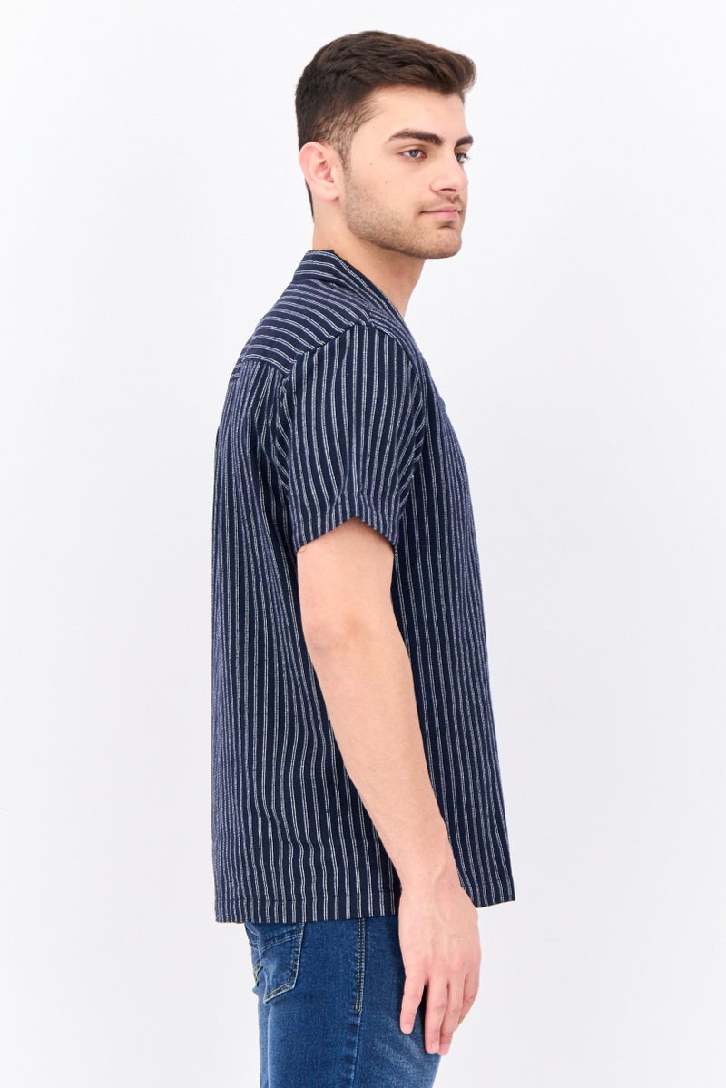 Algspar Men Regular Fit Stripe Short Sleeves Casual Shirt, Navy - Image 3