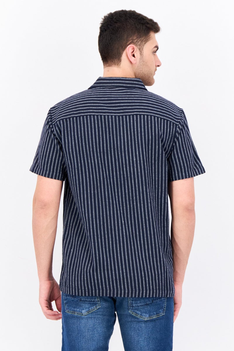 Algspar Men Regular Fit Stripe Short Sleeves Casual Shirt, Navy - Image 2