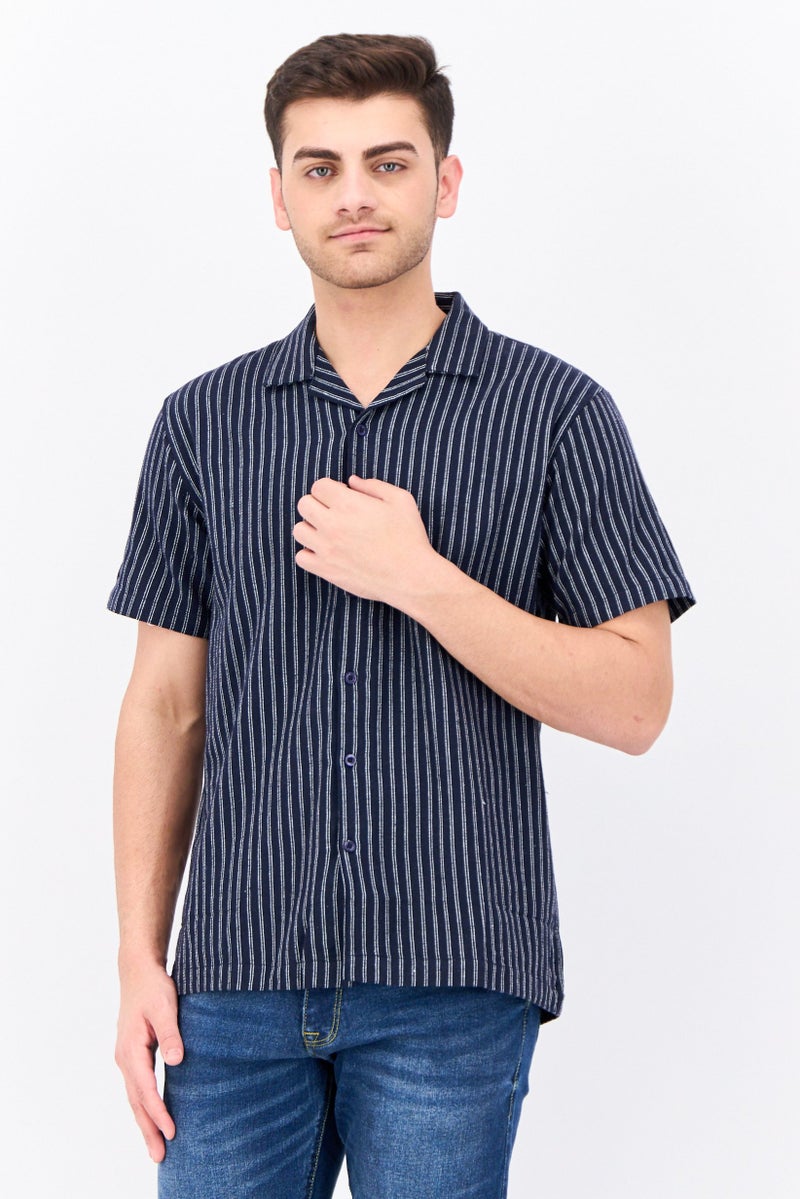 Algspar Men Regular Fit Stripe Short Sleeves Casual Shirt, Navy - Image 1