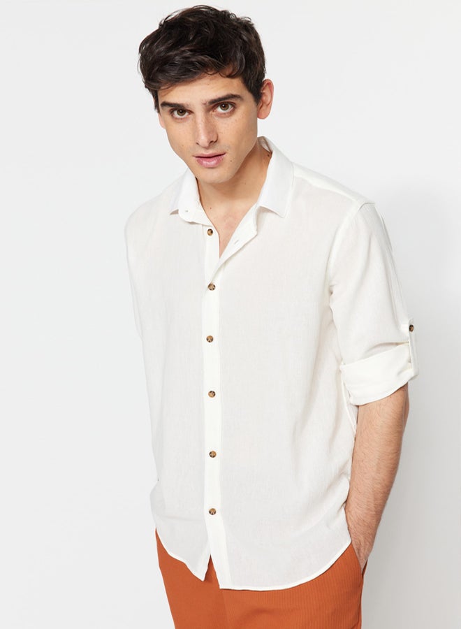 trendyol White Regular Fit Linen Look Shirt with Wrinkled Effect and Epaulettes - Image 4