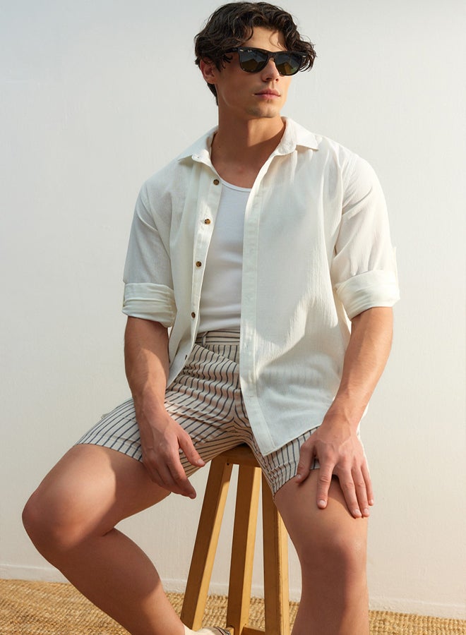 trendyol White Regular Fit Linen Look Shirt with Wrinkled Effect and Epaulettes - Image 3