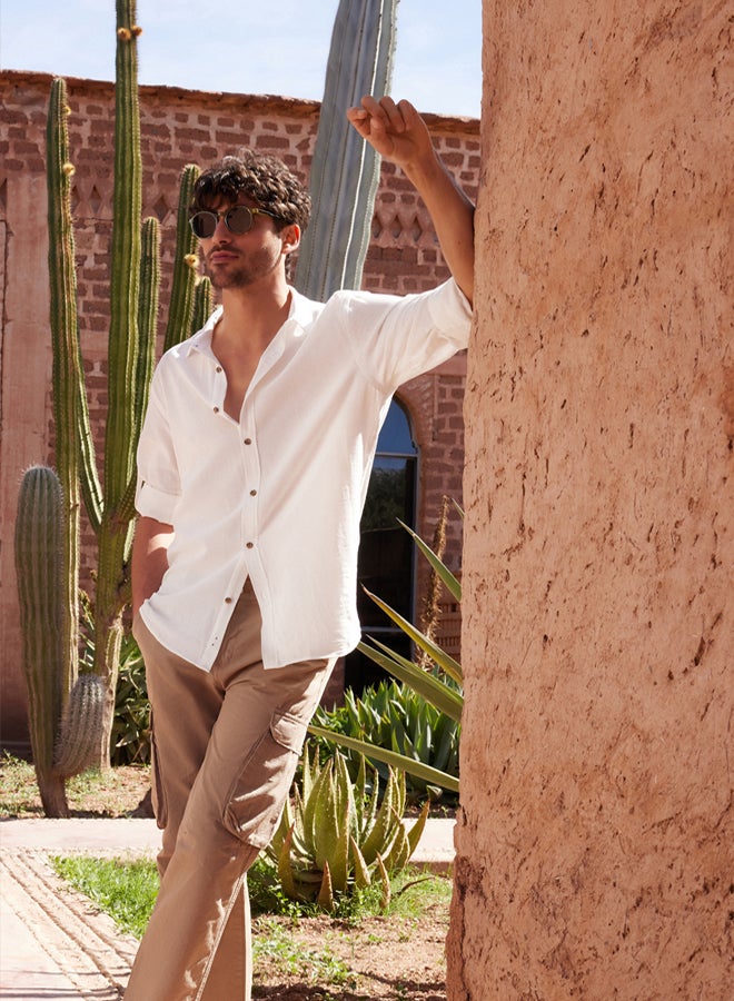 trendyol White Regular Fit Linen Look Shirt with Wrinkled Effect and Epaulettes - Image 1