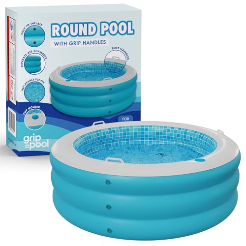 GRIP A POOL Inflatable Round Swimming Pool with Blow Up Padded Floor Cup Holder Handles and Drain 60x22 Deep Round Large Kiddie Pool Perfect for Adults and Kids Ages 4 5 6 7 8 - Image 1