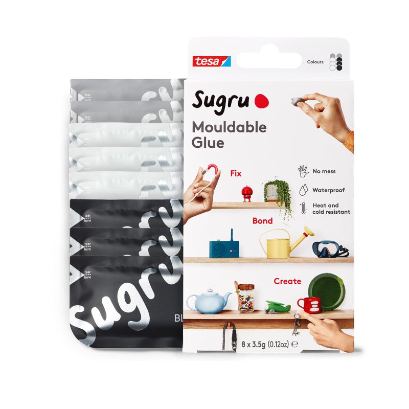 Tesa Sugru Super Glue - Waterproof Glue for Home Improvement + Craft Glue Tasks - Use as Wood Glue, Poster Putty or Silicone Adhesive for Repairing + Bonding - 8 Pack - Black, White & Gray (3.5g/ea) - Image 1