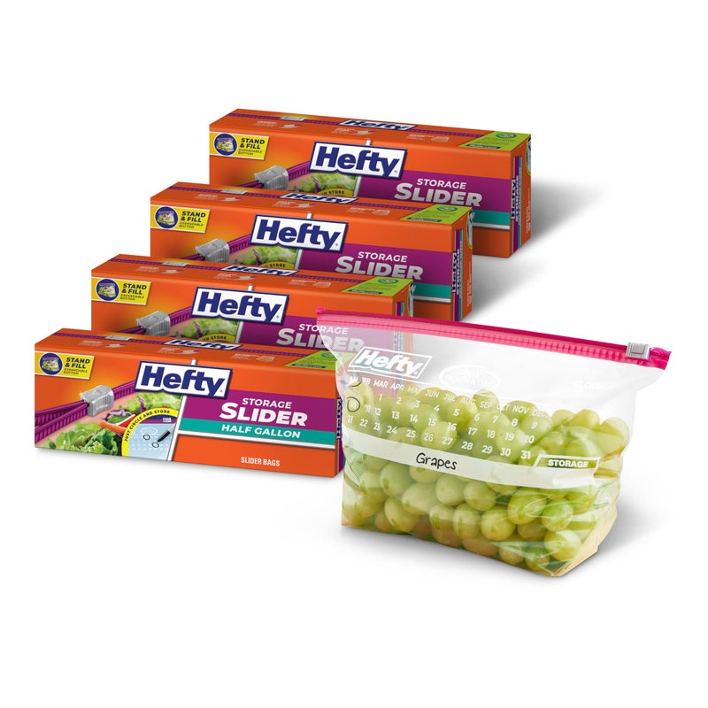 Hefty Calendar Slider Half Gallon Storage Bags, 32 Count (Pack of 4), Half Gallon Slider Bags with Calendar Dates, Holds Raw Meat, Breads, Fruits and Veggies, Zip and Click Closure, 128 Total Count - Image 1