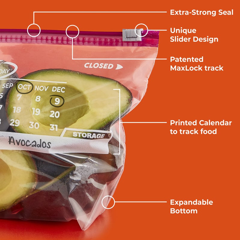 Hefty Calendar Slider Half Gallon Storage Bags, 32 Count (Pack of 4), Half Gallon Slider Bags with Calendar Dates, Holds Raw Meat, Breads, Fruits and Veggies, Zip and Click Closure, 128 Total Count - Image 4