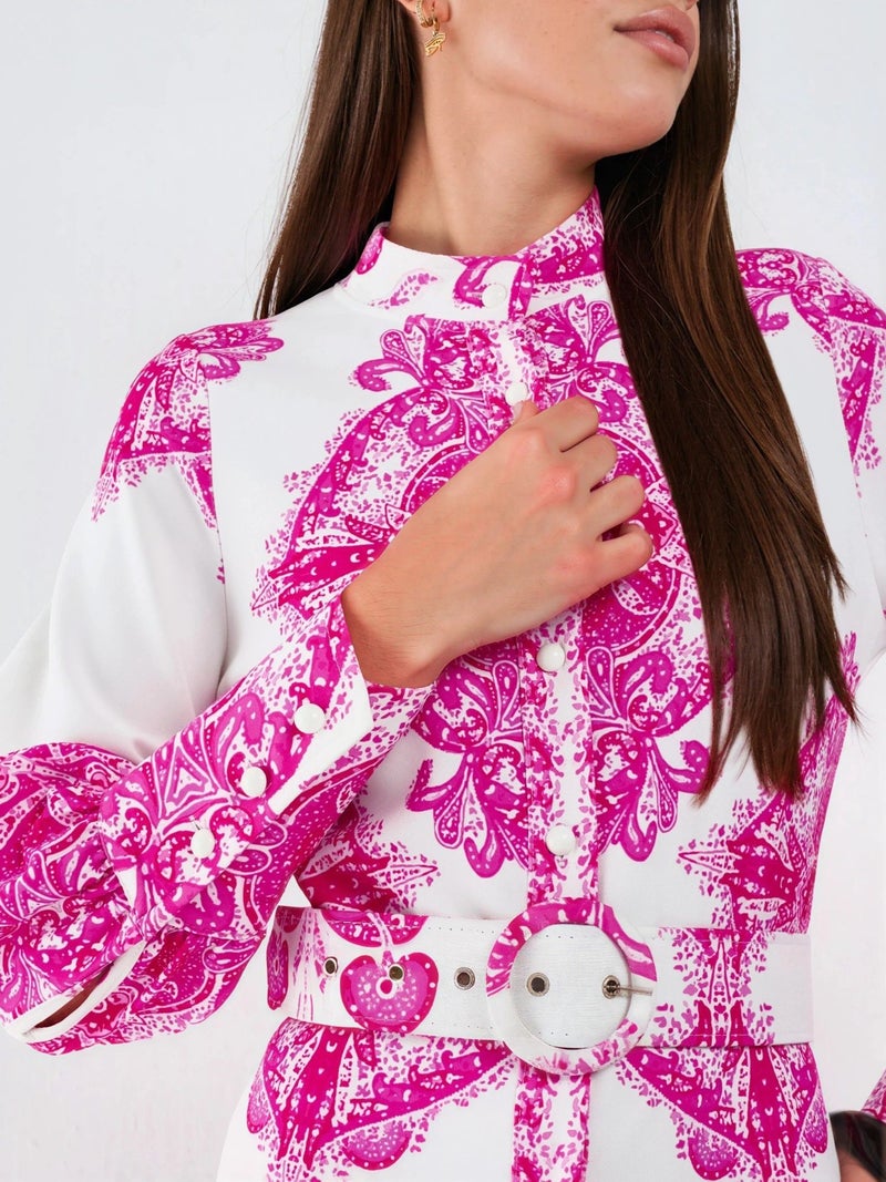 Jennyfer Paisley Print Belted Maxi Dress with Shirt Collar - Image 5